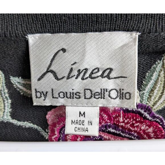 Linea Louis Dell' Olio Black Cardigan Sweater Medium Floral Embroidery Pockets - Picture 3 of 5